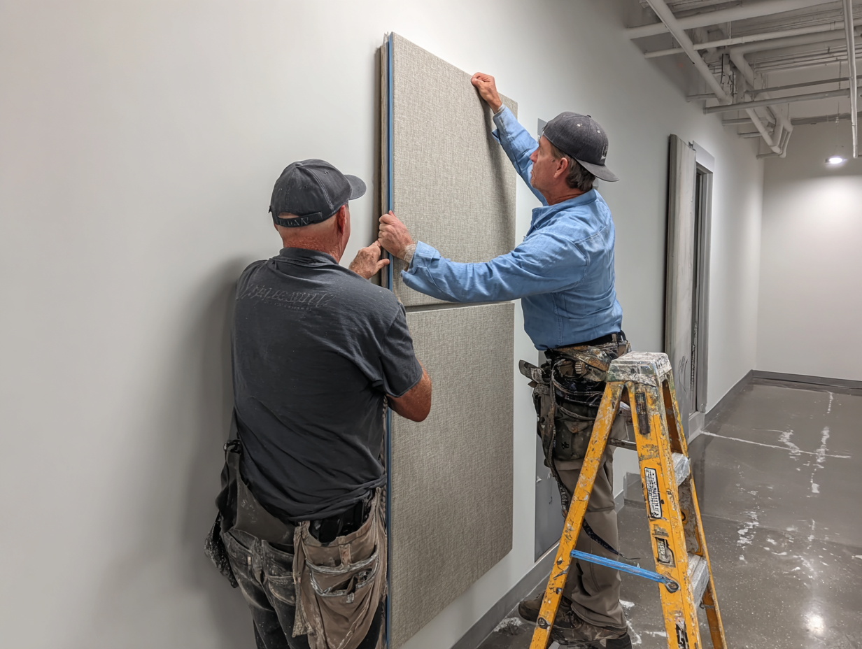 Two installers mounting fabric-wrapped acoustic panels on a dance studio wall